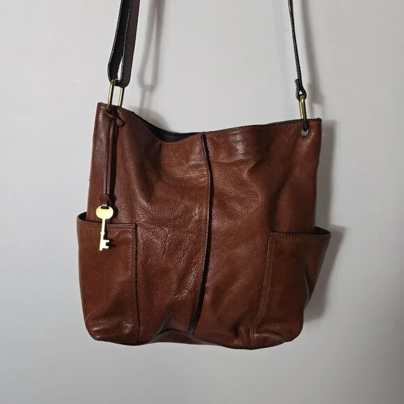 Fossil Brown Cow Hide Leather Crossbody Bag Medium Snap Closure Adjustable - Picture 11 of 16